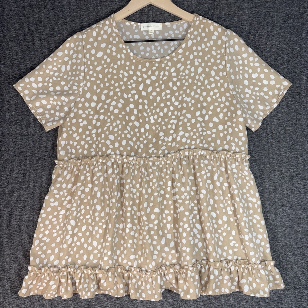 Perfect Peach Women's Ruffle Short Sleeve Tan Pocka Dot Blouse Sz M -READ Descrp